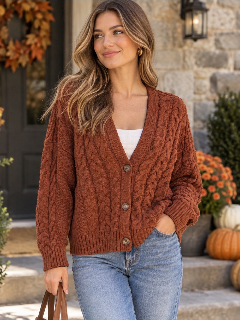 Abercrombie & Fitch Chunky Cable Knit Cardigan Sweater L Autumn Layer Fisherman
